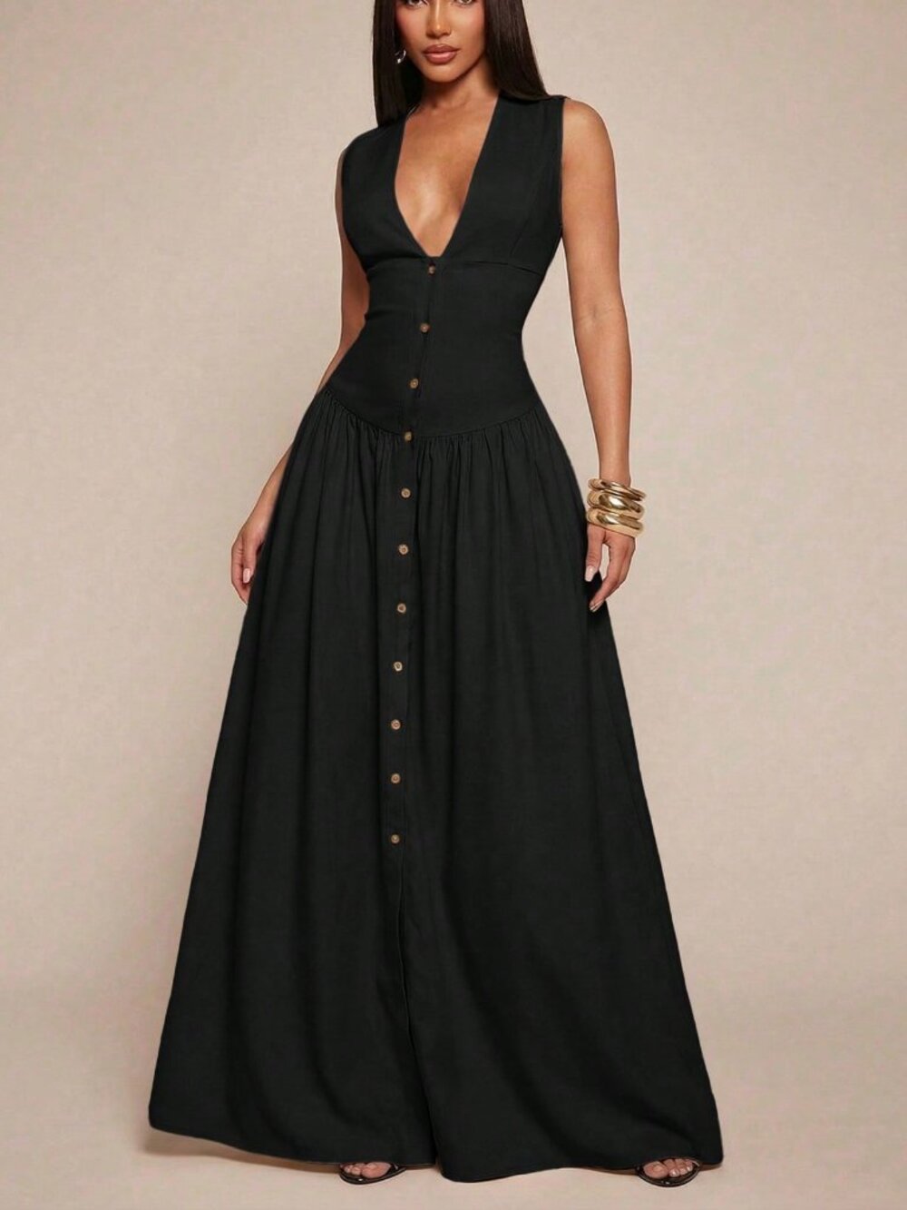 Black Elegant Minimalist Women's Long V-Neck Sleeveless Dress - Picture 4 of 7